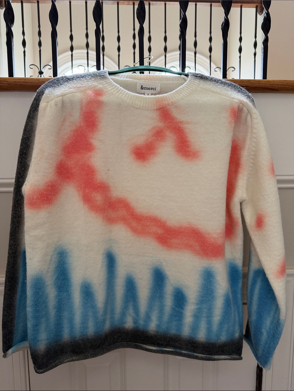 &Merci White oversized Sweater with Coral and Blue Spray Print